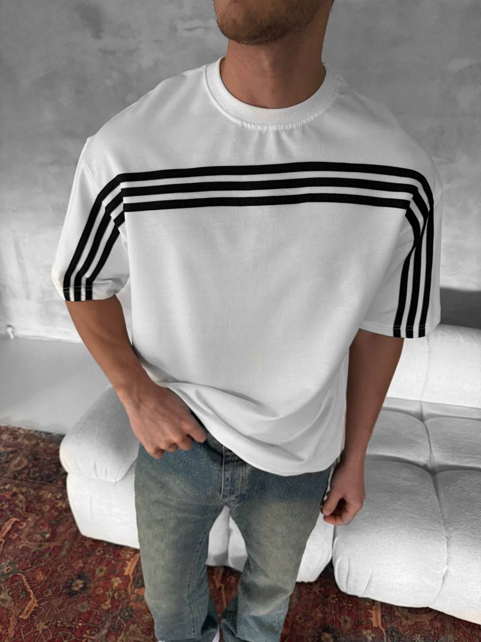 Three Stripes Graphic Cotton Tee – Classic Streetwear T-Shirt Withinblack