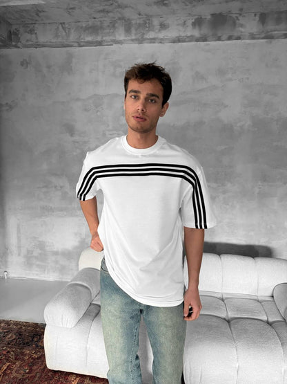 Three Stripes Graphic Cotton Tee – Classic Streetwear T-Shirt Withinblack