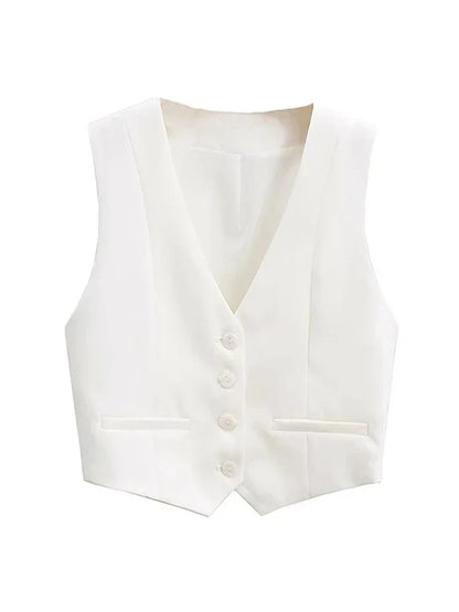 Vintage V Neck Sleeveless Female Outerwear White Chic Vests