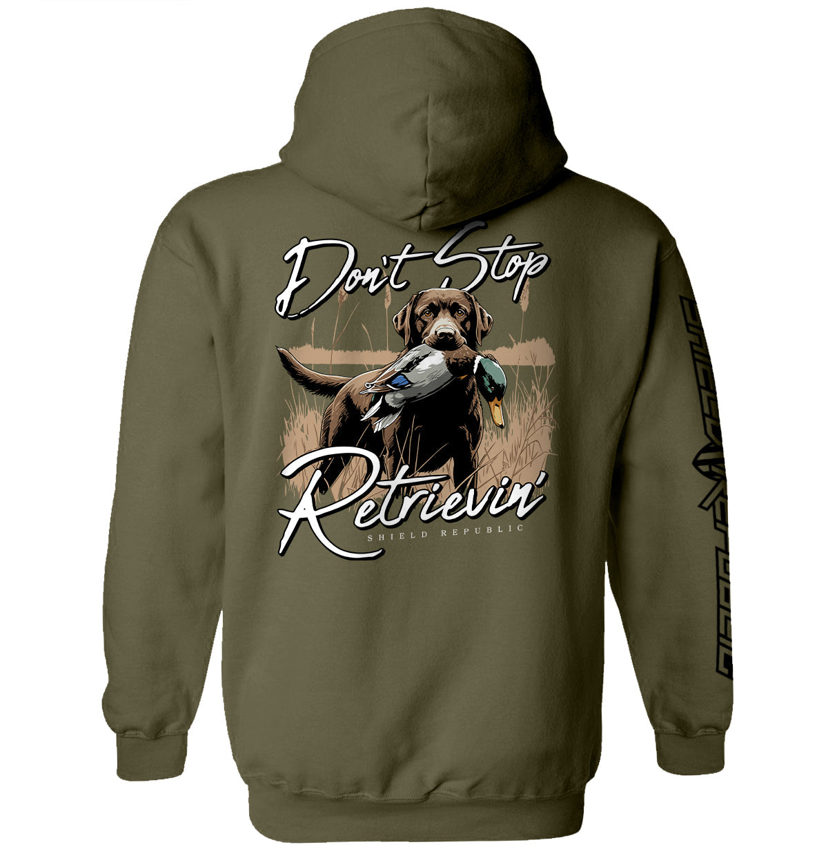 Don't Stop Retrievin' Chocolate Lab Shield Republic