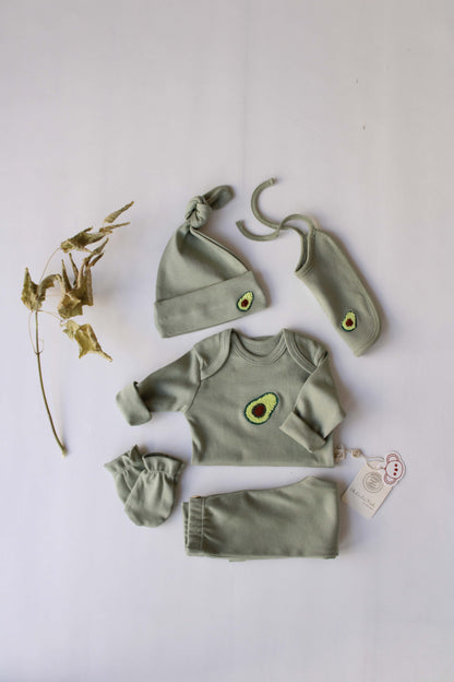 Avocado Patterned 5 Piece Newborn Set Honey and Hive