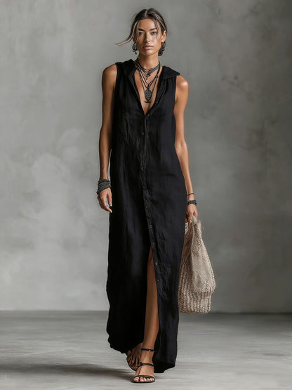 Women's Sleeveless Deep V-Neck Hooded Loose Maxi Dress – 6 Colors XS–3XL FitiqueFit