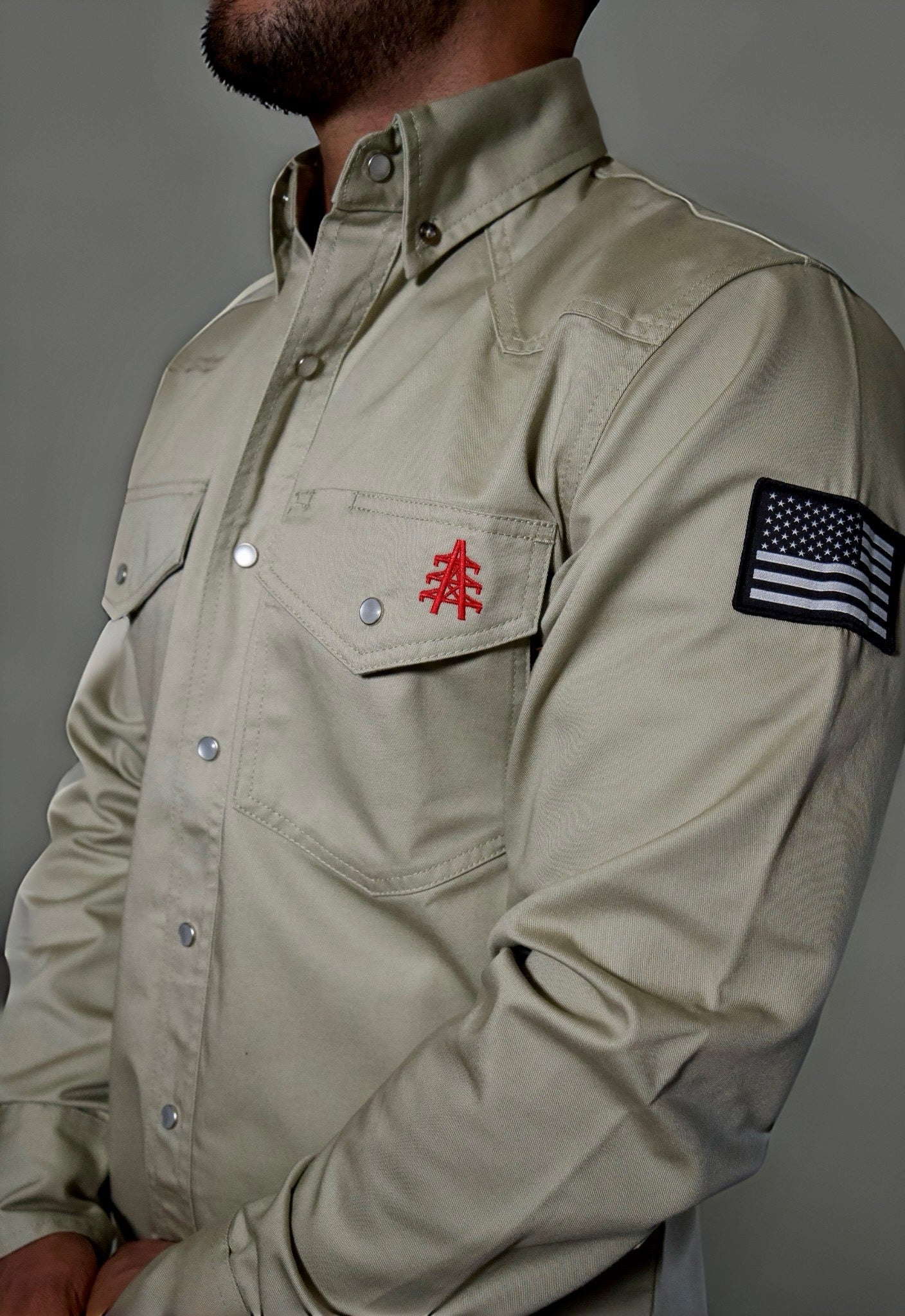FR Western Style Pearl Snap - Khaki Static FR