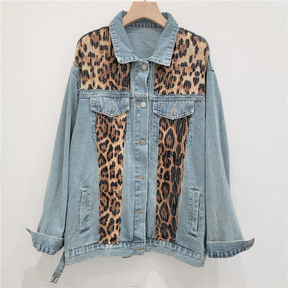 Wild Leopard Denim Jacket Top – Stylish Cowgirl Fashion with Leopard Print and Sequins Country in My Heart