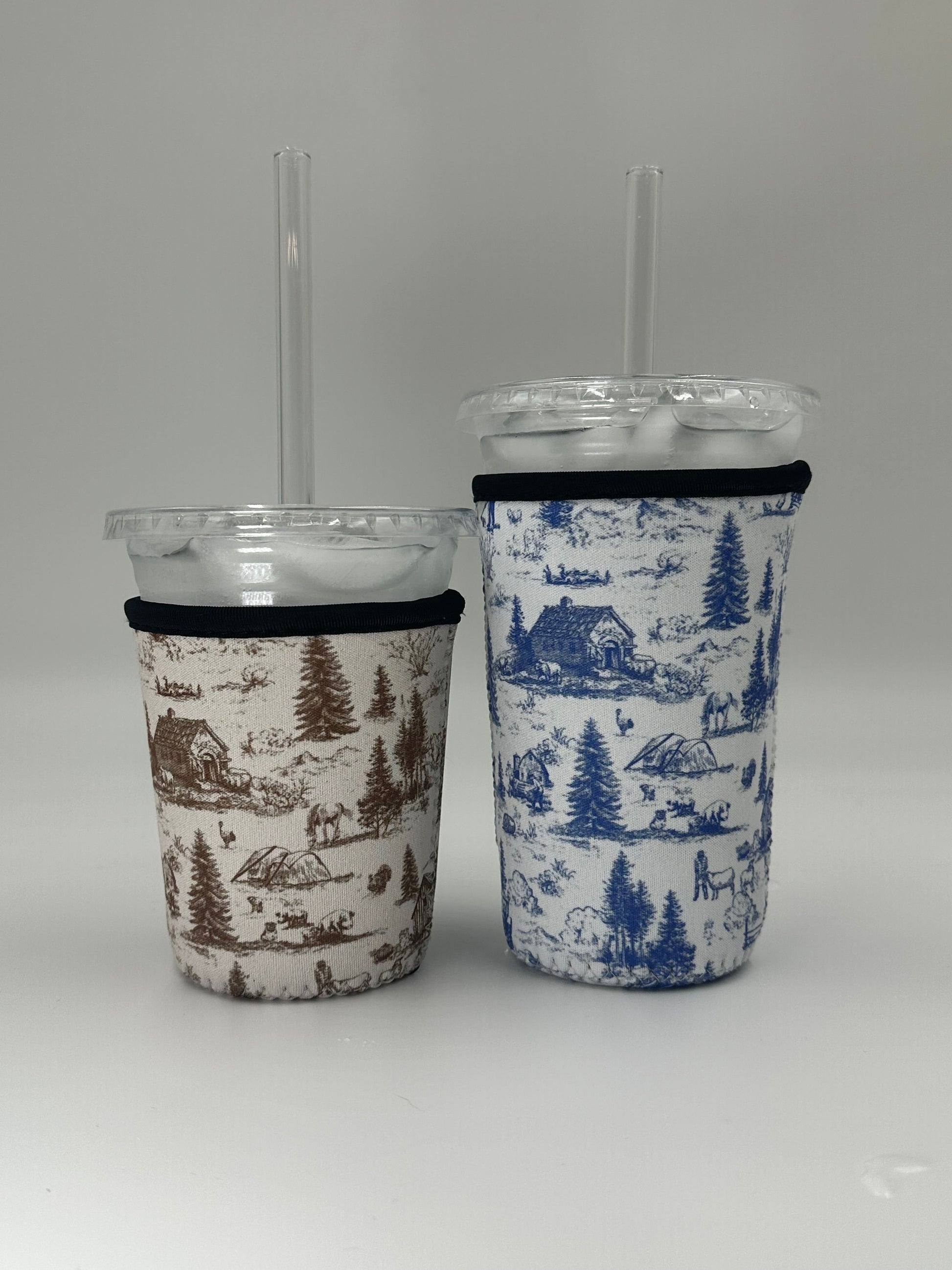 Western Barn Toile Coffee Sleeve | Reusable Neoprene Iced Coffee Cup Cover (16–24oz) BashDesignsCo
