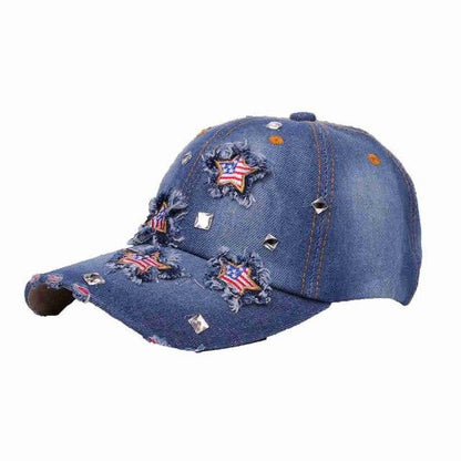 American Flag Distressed Denim Baseball Cap Country in My Heart