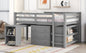 Low Study Full Loft Bed with Cabinet Shelves and Rolling Portable Desk Multiple Functions Bed- Gray