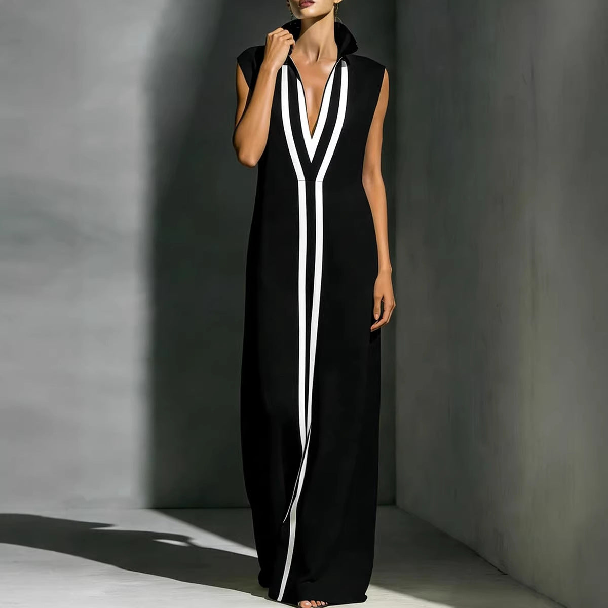 Women's V-Neck Color-Block Sleeveless A-Line Maxi Dress – 4 Colors XS–2XL FitiqueFit