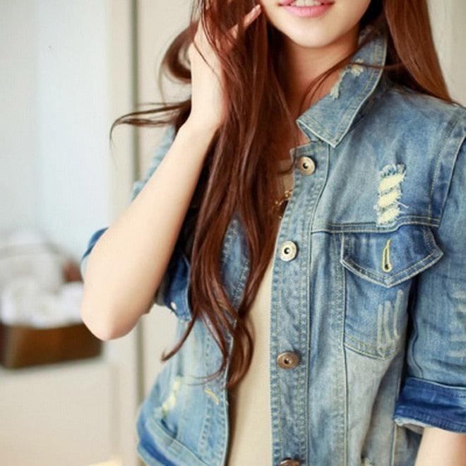 Cute Diamonds Encrusted Half Sleeve Denim Jacket Country in My Heart