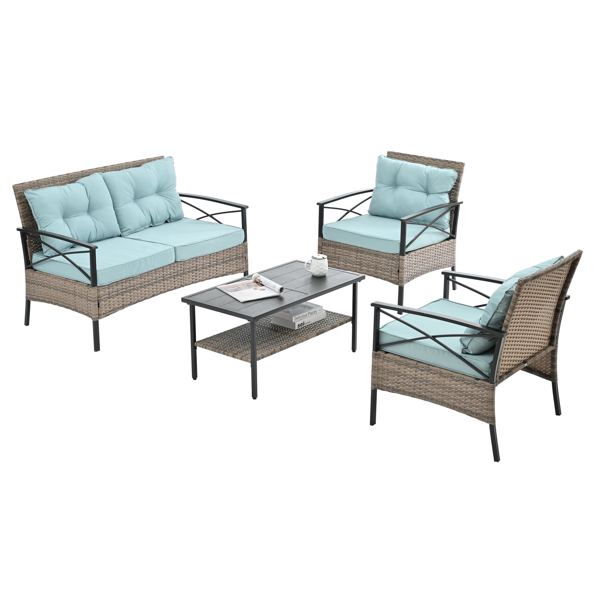 Patio Furniture, Outdoor Furniture, Seasonal PE Wicker Furniture, Four Set Wicker Furniture With Black Metal Table V.I.P Digital Presence