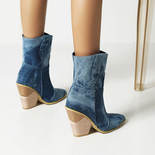 Cowgirl Chic High Heel Ankle Boots - Trendy Denim and Leather Boots for Women Country in My Heart