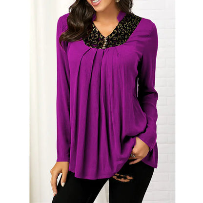 Printed V-neck Long Sleeve Lace Top.