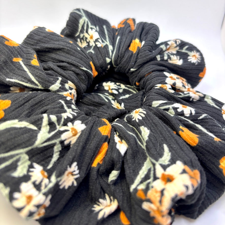 Black Floral Summer Ribbed Scrunchie Enchanted Scrunch