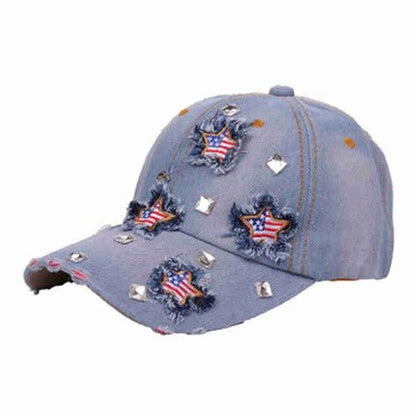 American Flag Distressed Denim Baseball Cap Country in My Heart