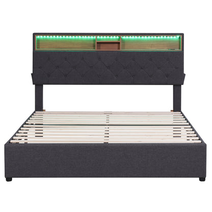 Queen Size Upholstered Platform Bed with Storage Headboard, LED, USB Charging and 2 Drawers Dark Gray