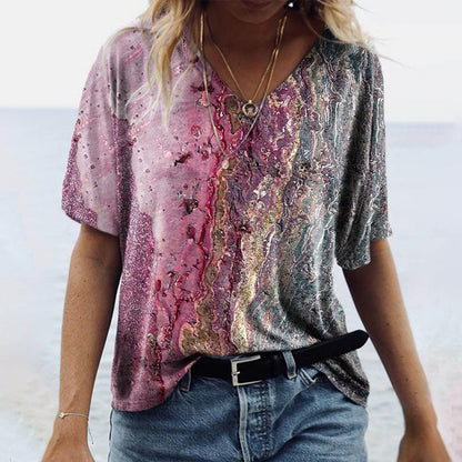 Women's Spring Glitzy V-Neck Short Sleeved Marble Print Top Country in My Heart