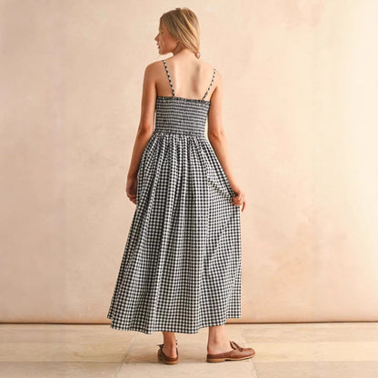 Women's Retro Plaid Sleeveless A-Line Maxi Dress – Fitted Waist Pleated Sundress FitiqueFit