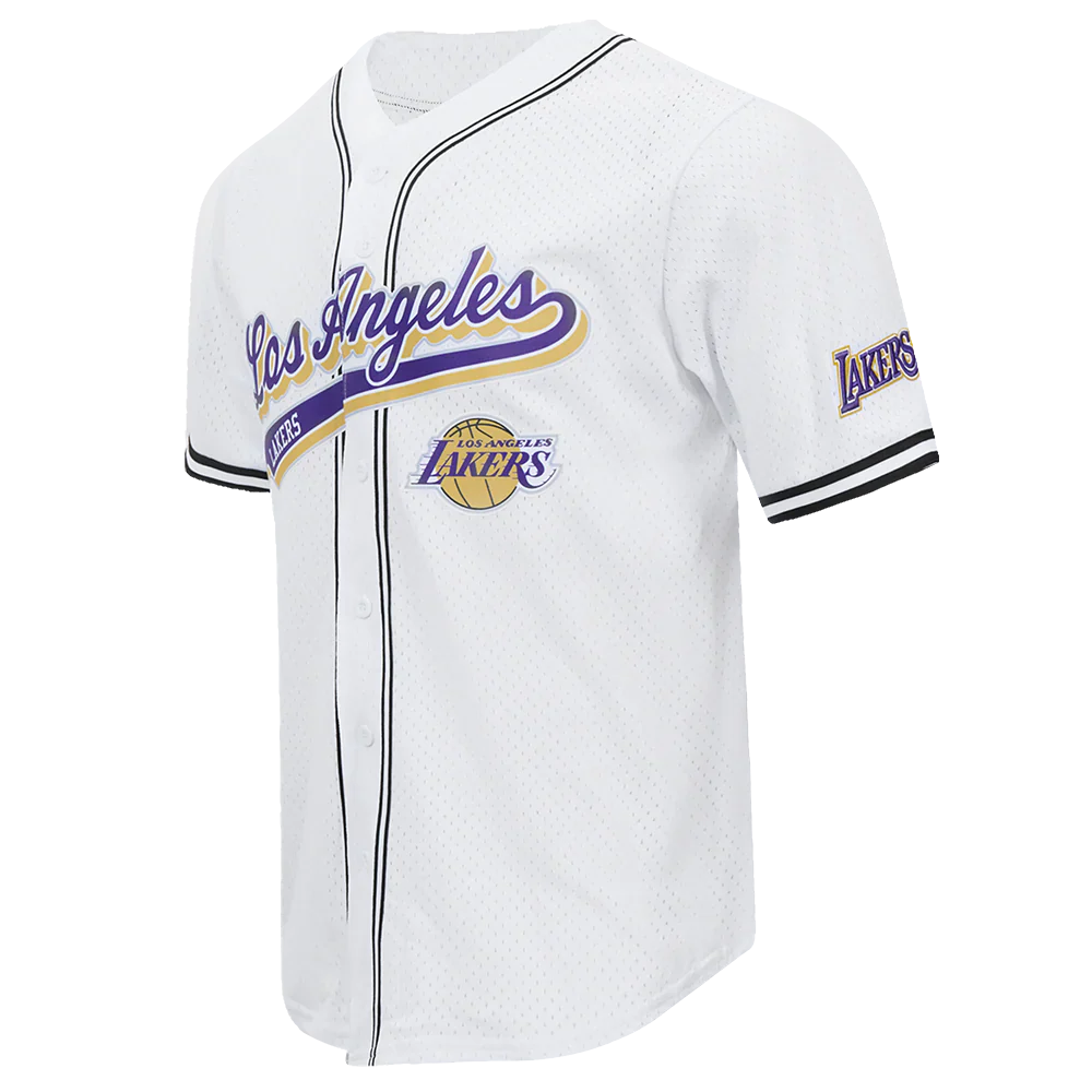 Pro Standard LA Lakers Script Tail Mesh Button Down Shirt - White/Black Denim Exchange
