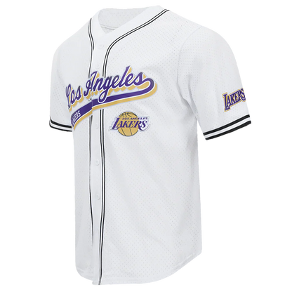 Pro Standard LA Lakers Script Tail Mesh Button Down Shirt - White/Black Denim Exchange