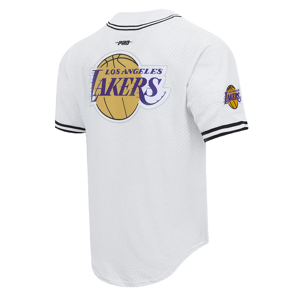 Pro Standard LA Lakers Script Tail Mesh Button Down Shirt - White/Black Denim Exchange
