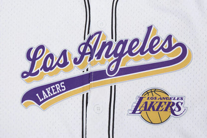 Pro Standard LA Lakers Script Tail Mesh Button Down Shirt - White/Black Denim Exchange