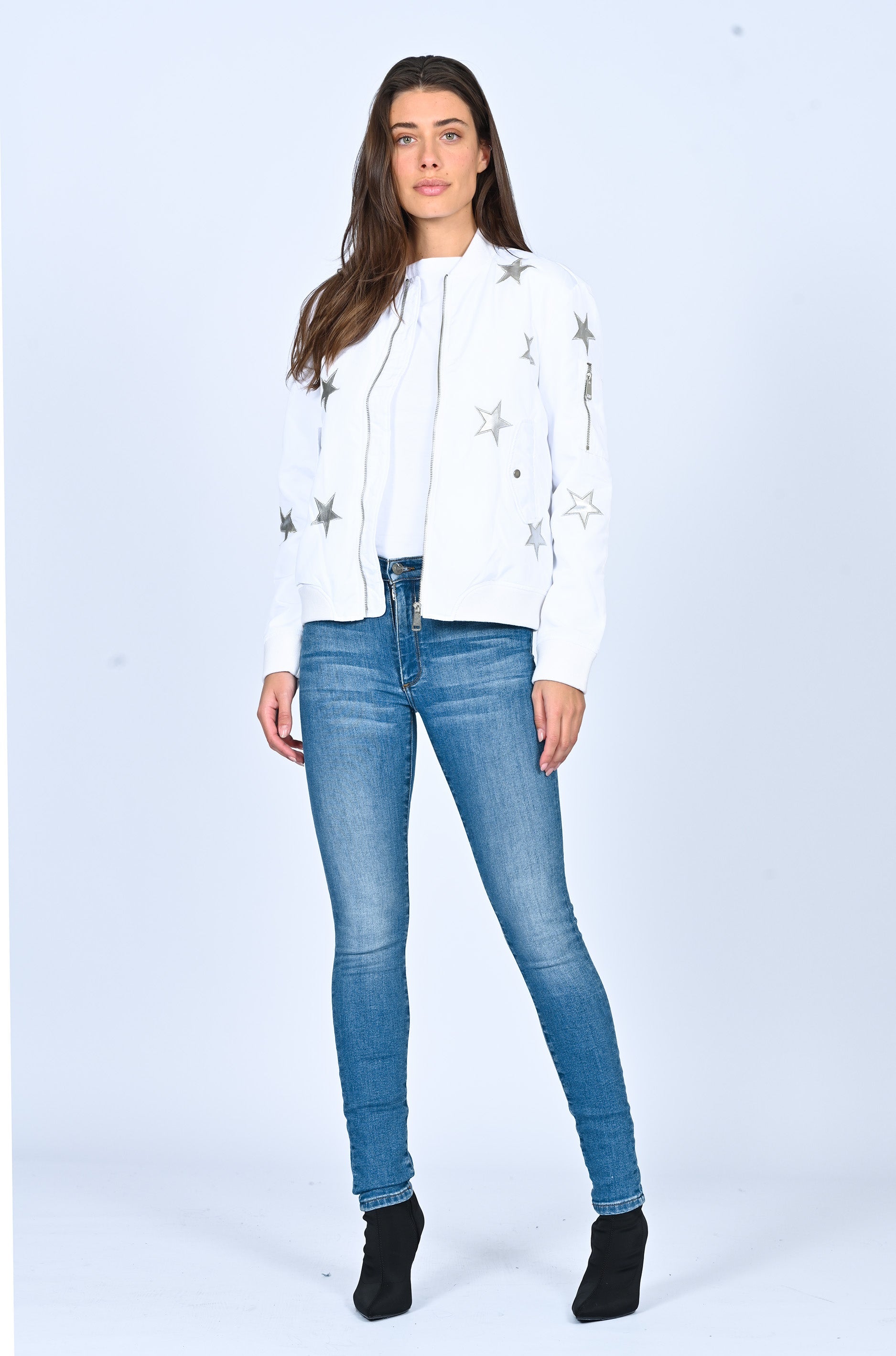 Star Bomber Jacket-  White Black Orchid Denim