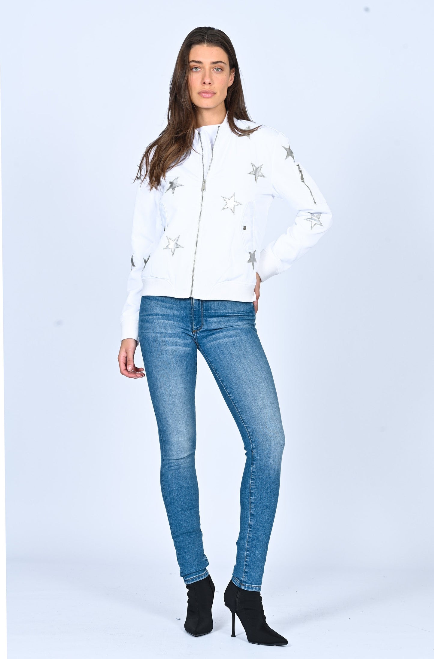 Star Bomber Jacket-  White Black Orchid Denim