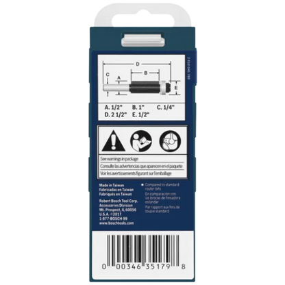 BOSCH 85216MC 1/2 In. x 1 In. Carbide-Tipped Triple-Flute Flush Trim Router Bit VM Hardware