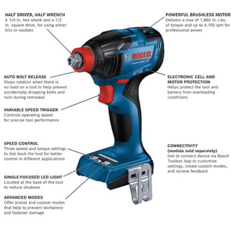 BOSCH GDX18V-1860CN 18V Brushless Connected-Ready Freak 1/4 In. and 1/2 In.Two-In-One Bit/Socket Impact Driver (Bare Tool) VM Hardware