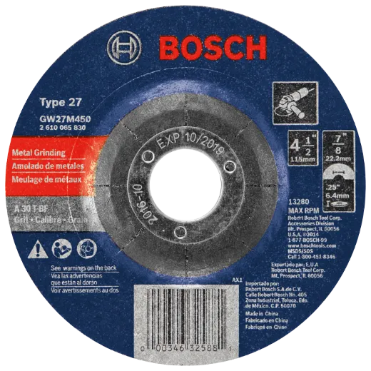 BOSCH GW27M450 4-1/2 In. 1/4 In. 7/8 In. Arbor Type 27 30 Grit Grinding Abrasive Wheel VM Hardware
