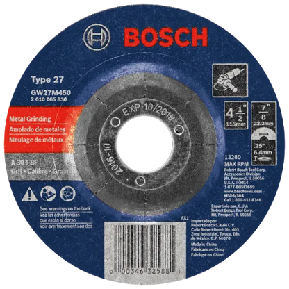 BOSCH GW27M450 4-1/2 In. 1/4 In. 7/8 In. Arbor Type 27 30 Grit Grinding Abrasive Wheel VM Hardware
