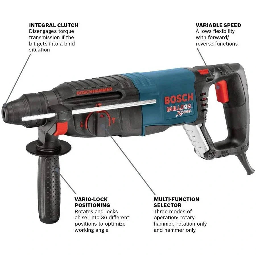 BOSCH 11255VSR-GWS8 1" SDS-Plus Bulldog Xtreme Rotary Hammer - 7.5 AMP - W/ GWS8-45 Grinder VM Hardware