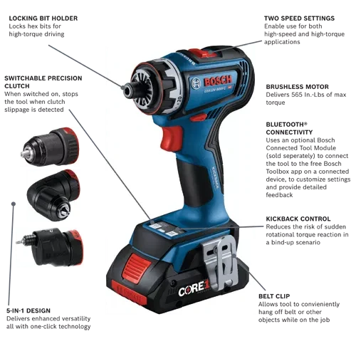 BOSCH GSR18V-800FCB24 18V Drill/Driver with 5-In-1 Flexiclick® System and (2) CORE18V® 4 Ah Advanced Power Battery VM Hardware