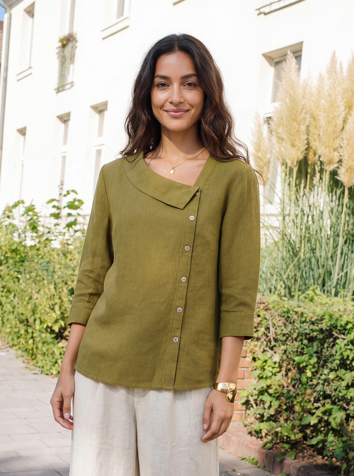 100% Linen Crescent Neck Button Detail 3/4 Sleeve Top ADALYN LINTICO