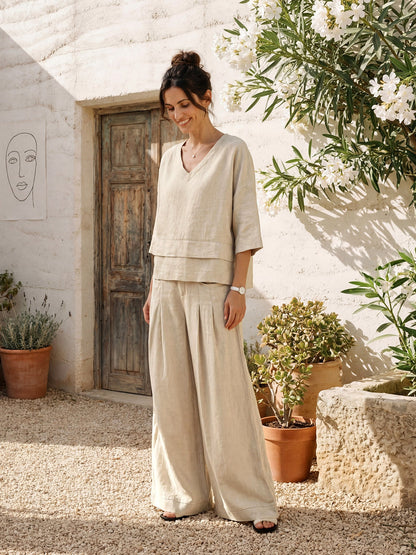 100% Linen Sculpted Pleat Elasticated Back Relaxed Pants VERIDIANA LINTICO