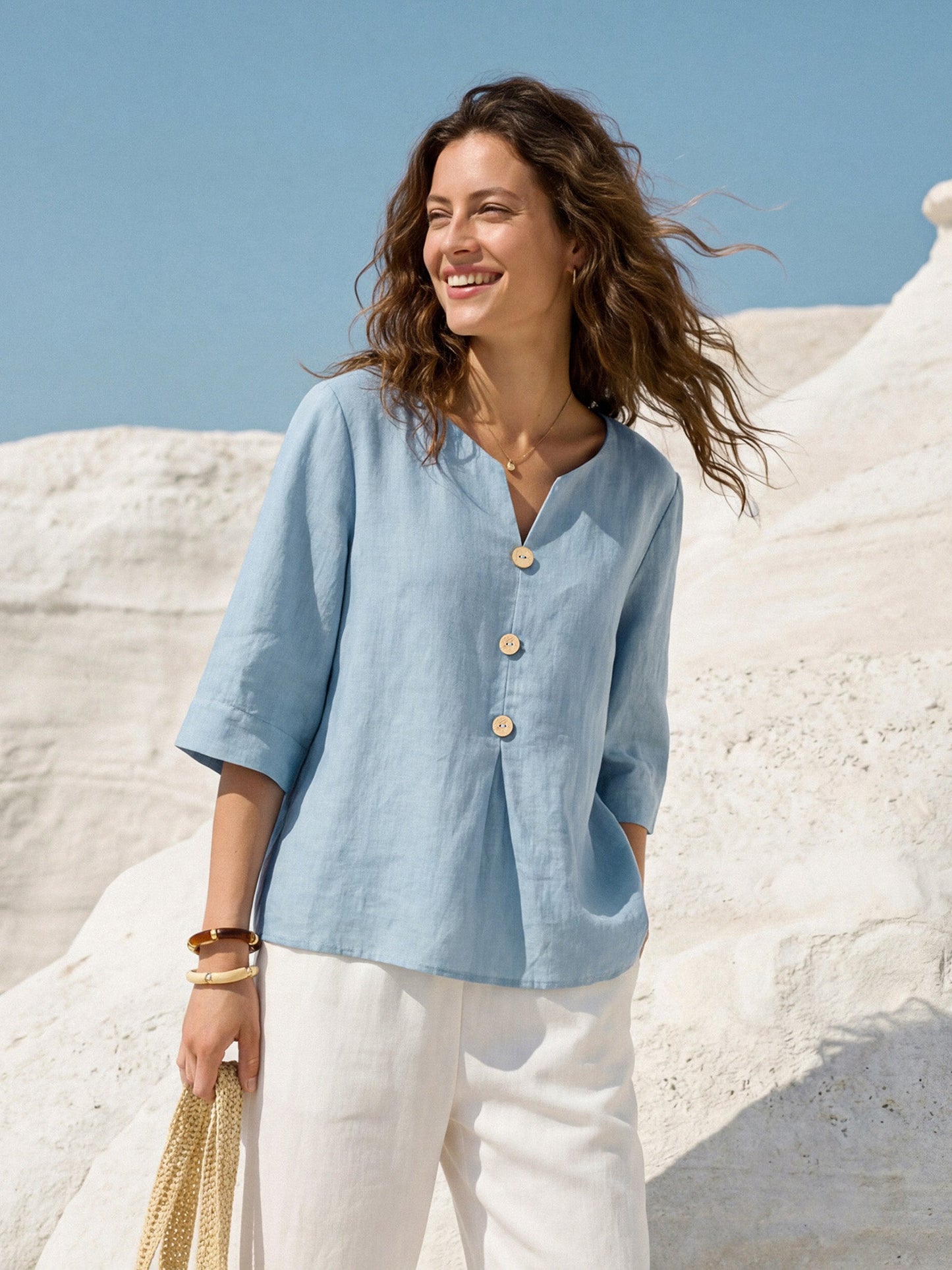 100% Linen Split Neck Inverted Pleat Top TABITHA LINTICO