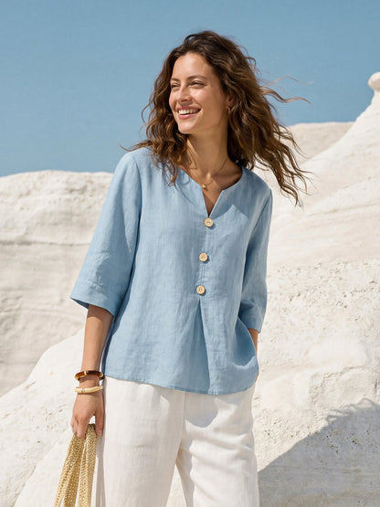 100% Linen Split Neck Inverted Pleat Top TABITHA LINTICO
