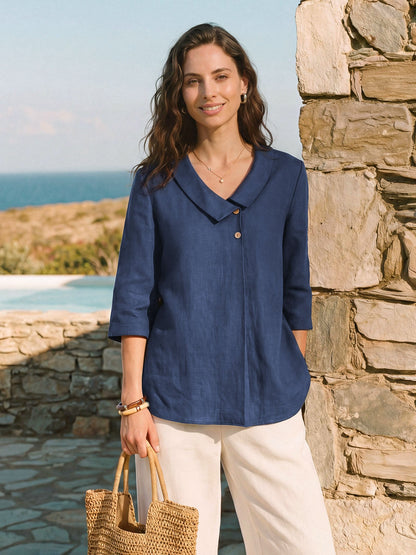 100% Linen Asymmetric Collar Inverted Pleat Top OTTILIE LINTICO
