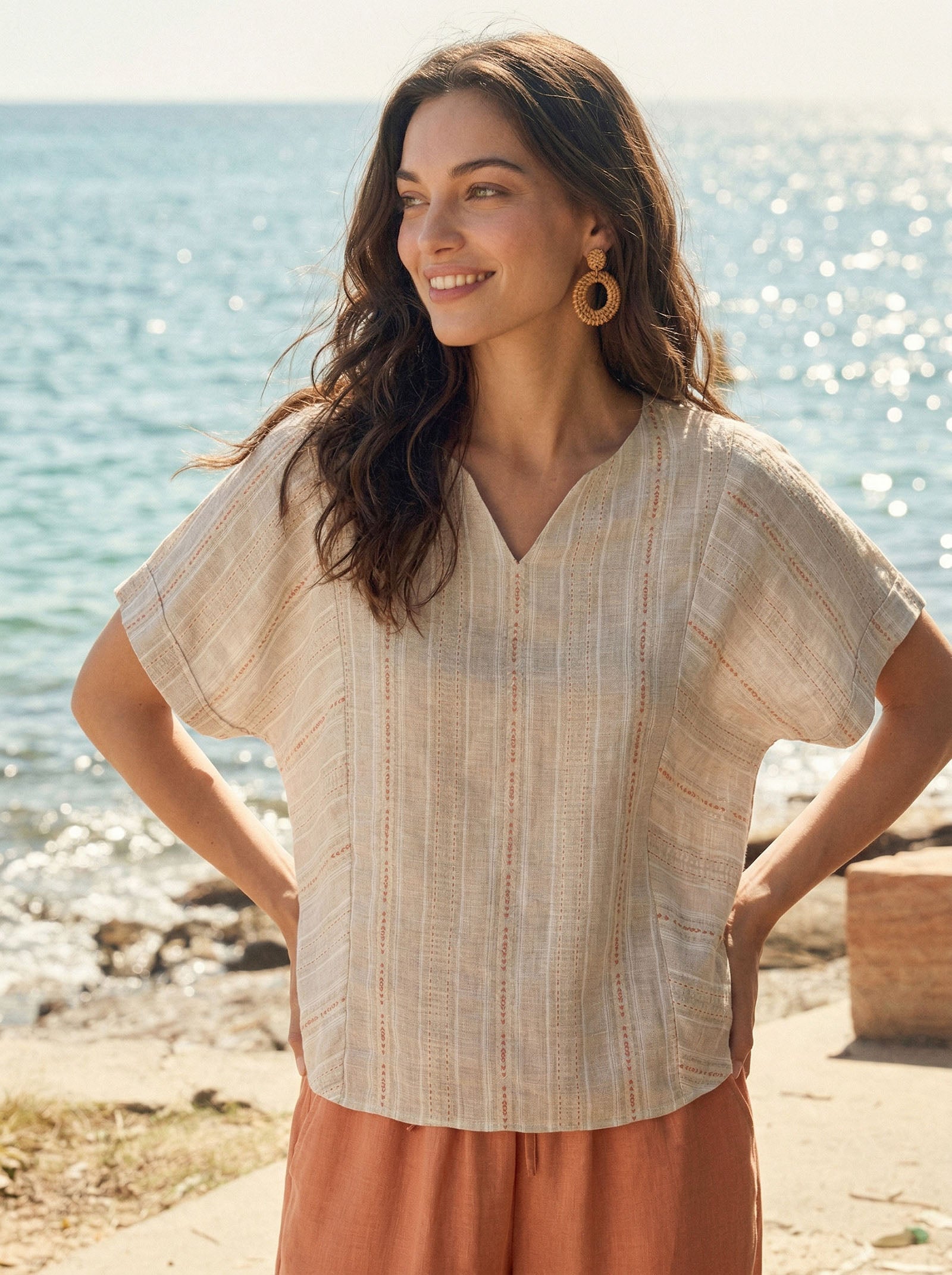 Linen Split-Neck Drop-Shoulder Top KIERA LINTICO