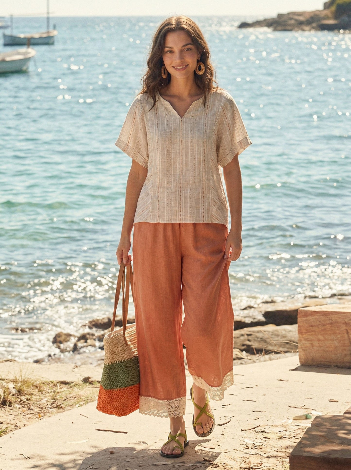 Linen Split-Neck Drop-Shoulder Top KIERA LINTICO