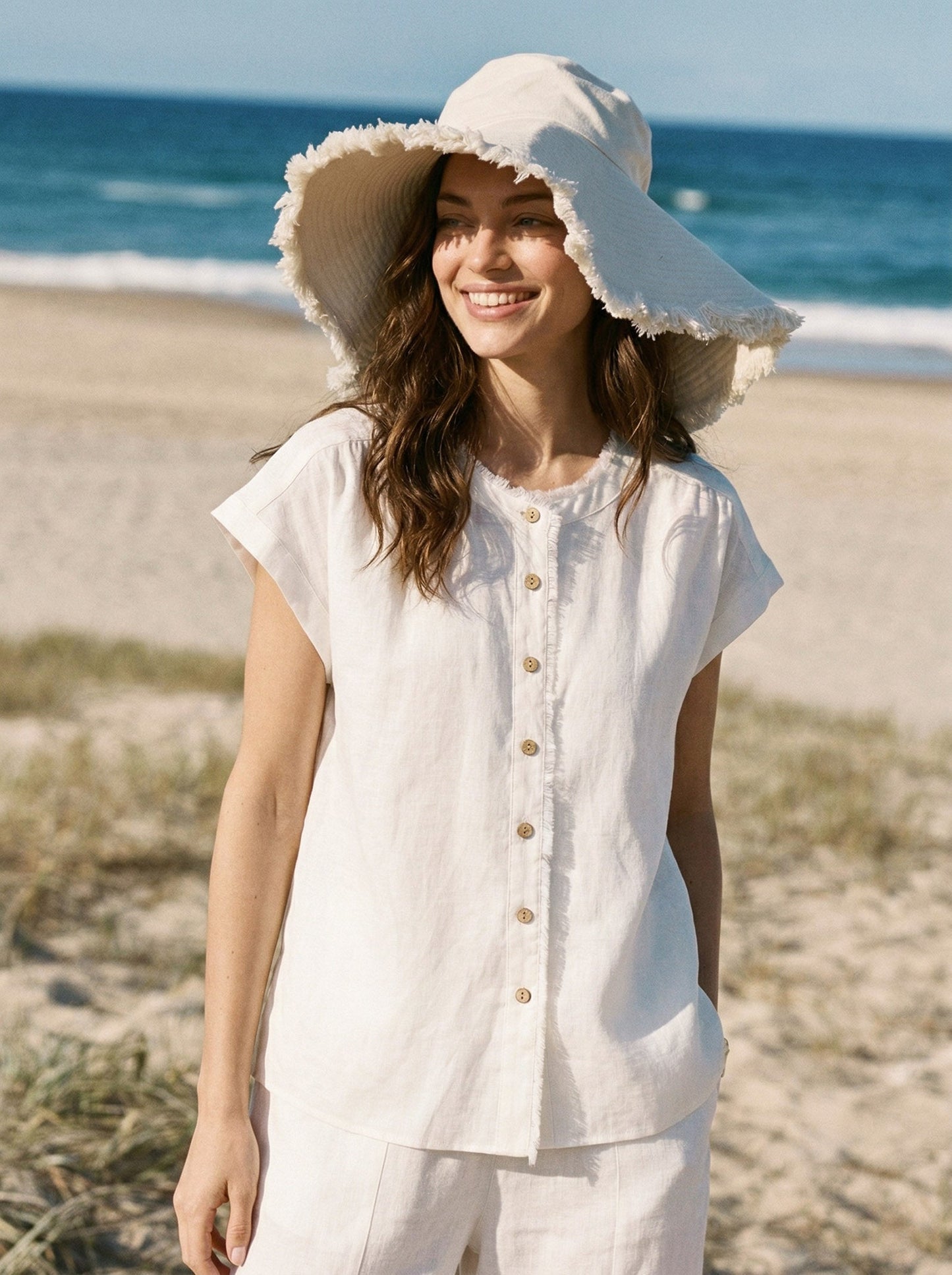 100% Linen Frayed-Trim Drop-Shoulder Top INDIRA LINTICO