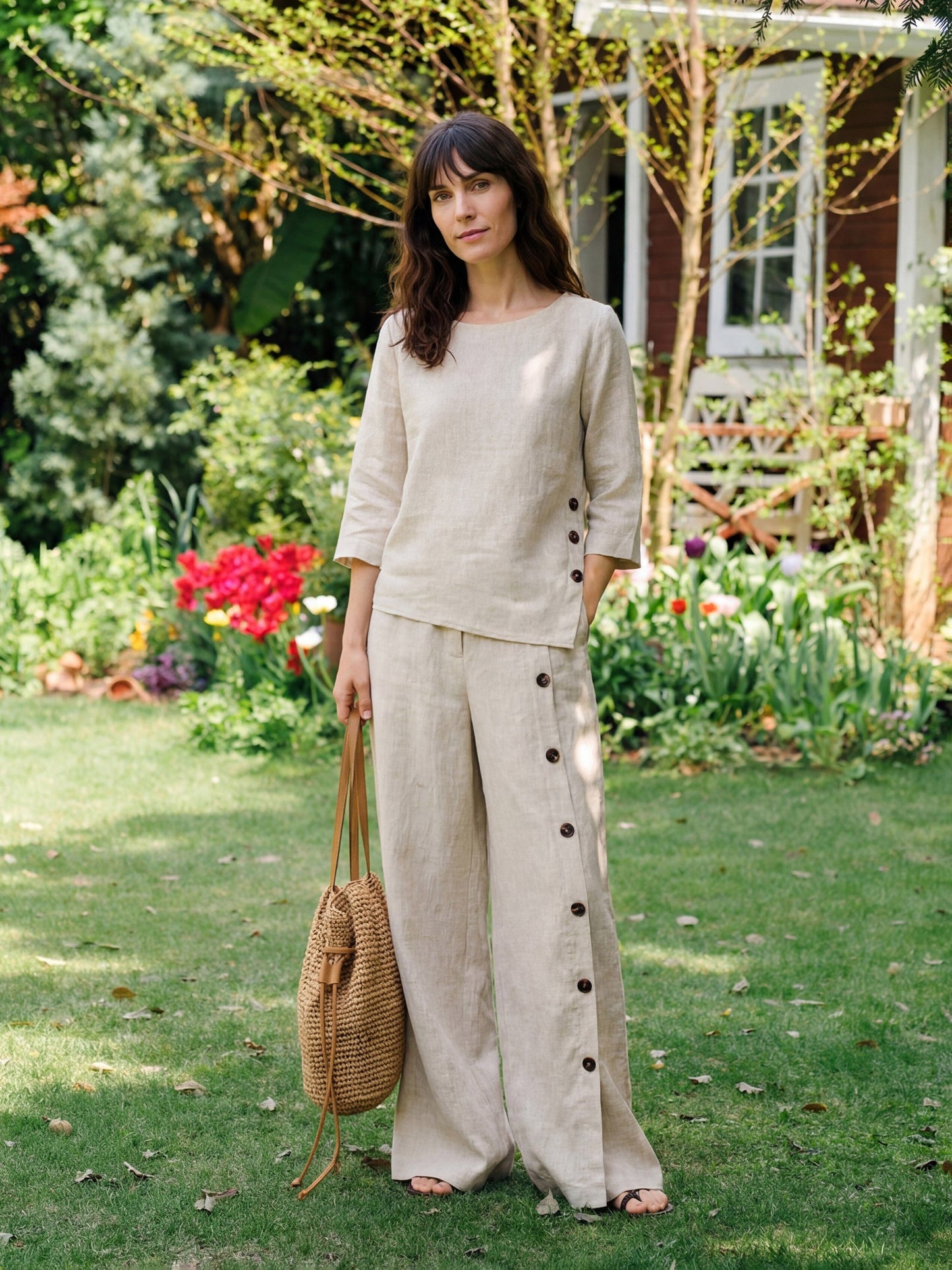 100% Linen Buttoned Slit-Hem Pants KATYA LINTICO