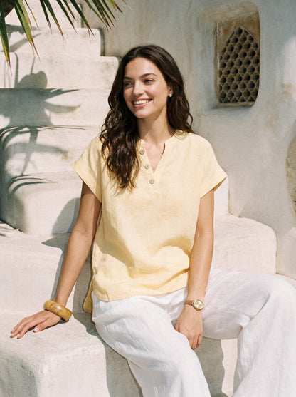100% Linen Stand-Collar Curved-Hem Top CRESSA LINTICO