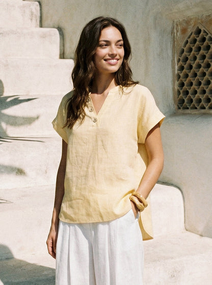 100% Linen Stand-Collar Curved-Hem Top CRESSA LINTICO