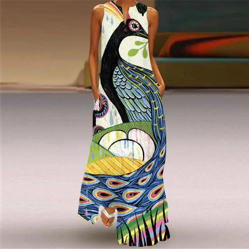Printed V-neck Sleeveless Maxi Dress