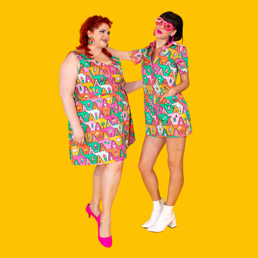 8-Bit A-Frames Fit & Flare Midi Dress in Bright Day Blue Platypus Clothing