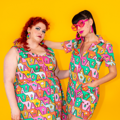8-Bit A-Frames Fit & Flare Midi Dress in Bright Day Blue Platypus Clothing