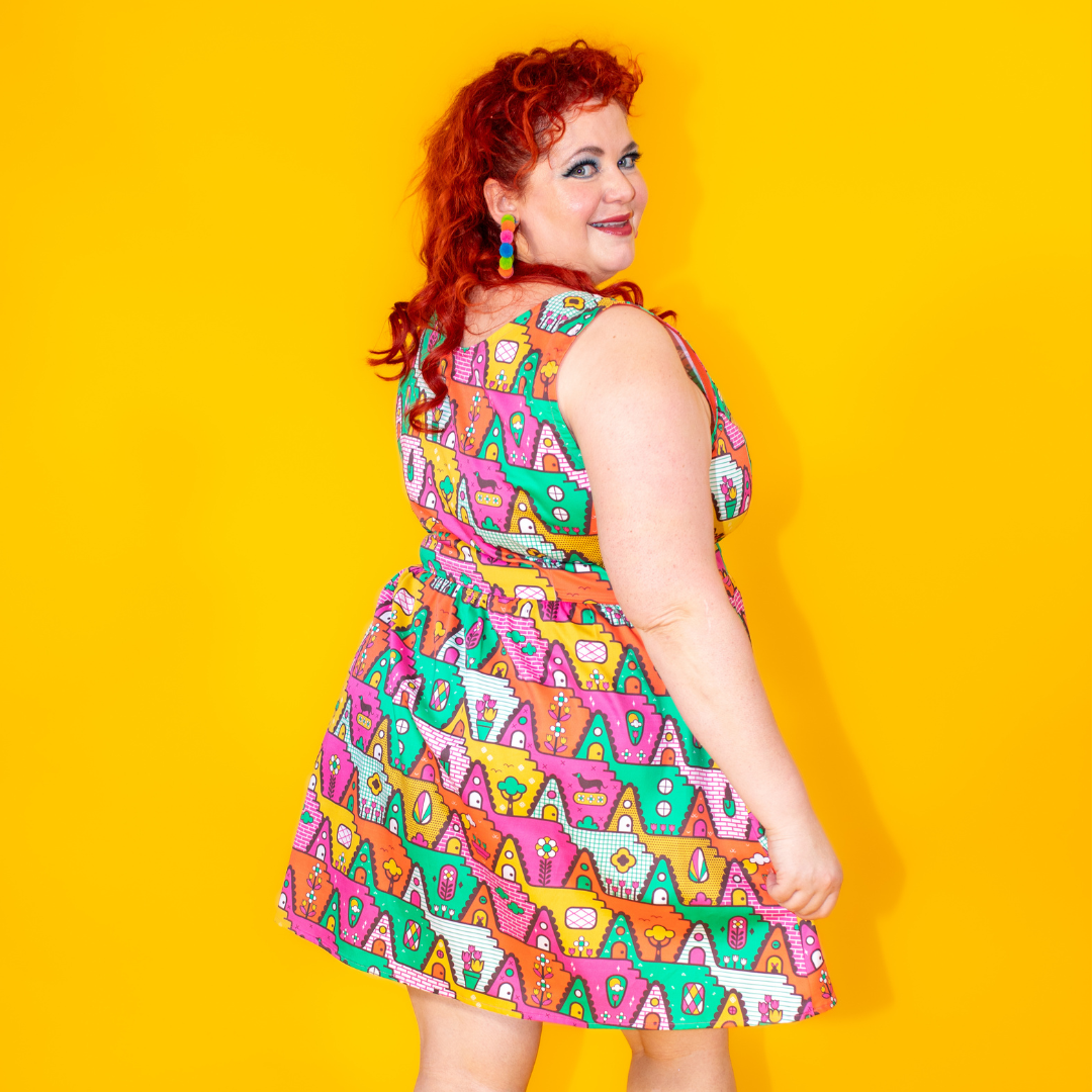 8-Bit A-Frames Fit & Flare Midi Dress in Bright Day Blue Platypus Clothing