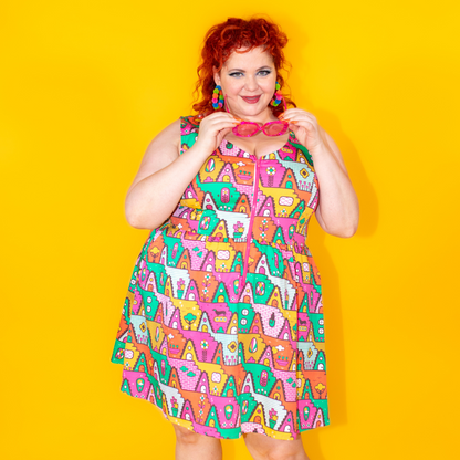 8-Bit A-Frames Fit & Flare Midi Dress in Bright Day Blue Platypus Clothing