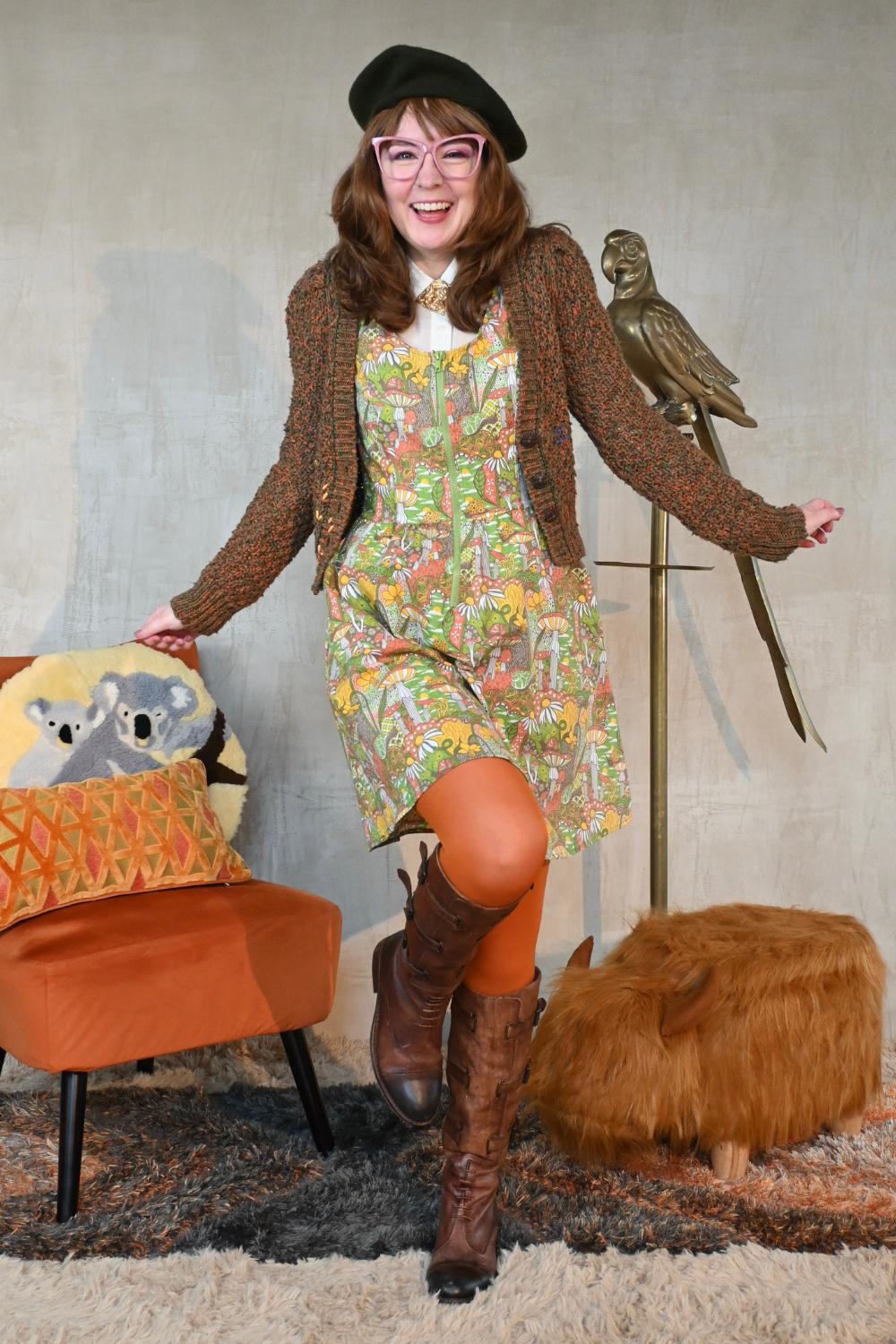 Mushrooms Fit & Flare Midi Dress in Olive Blue Platypus Clothing